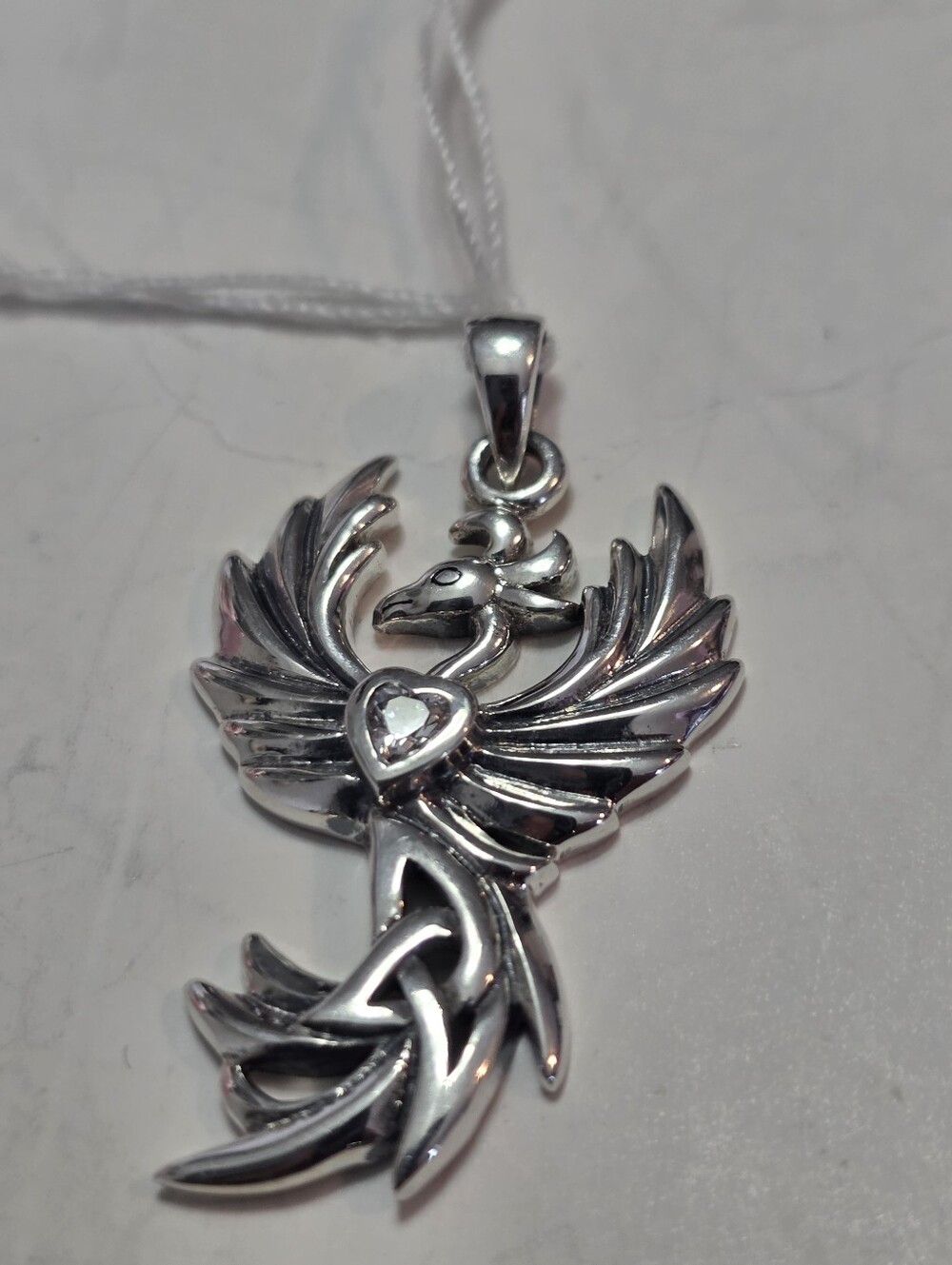 Sterling Silver Celtic Phoenix Heart Pendant Cubic Zarconian- Silver